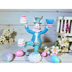 Mad Hatter Easter Bunny Figurine with Cake and Teacup
